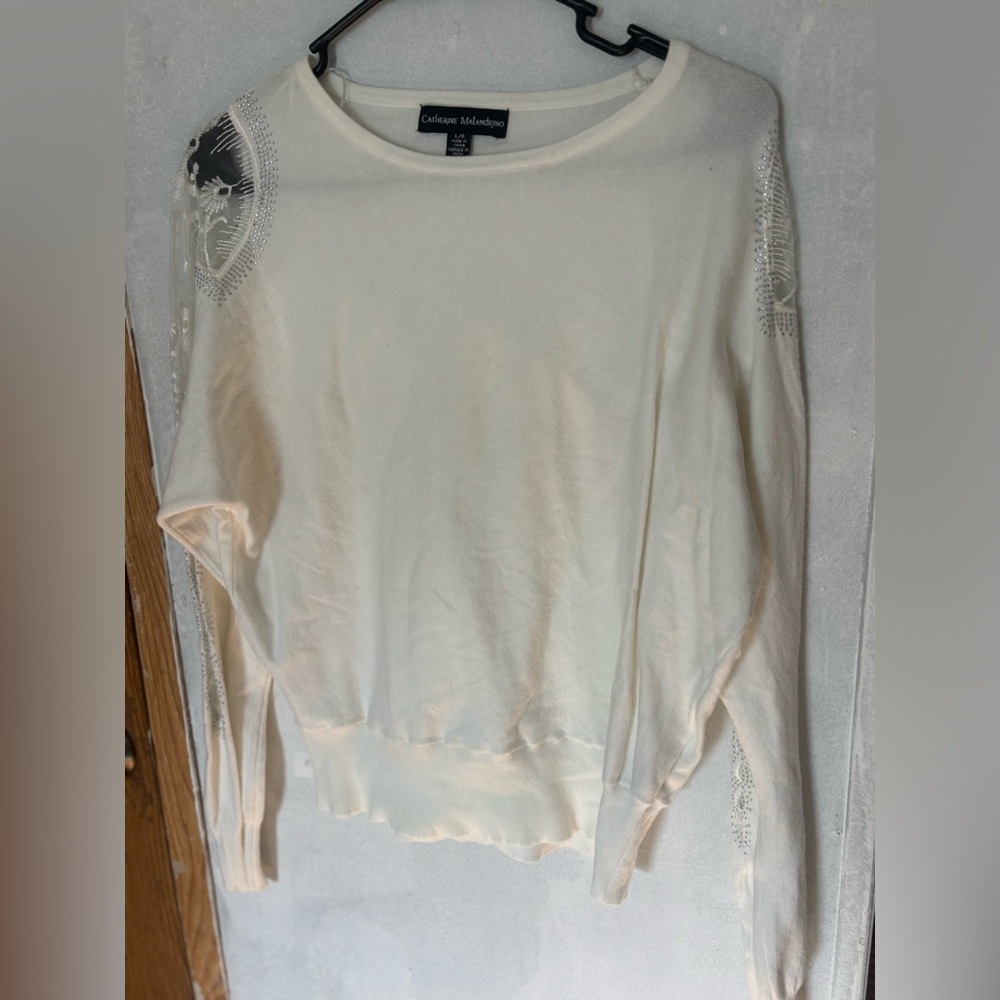Catherine Malandrino Cream Knit Sweater - Lace Rhinestone Shoulder Detail - L
